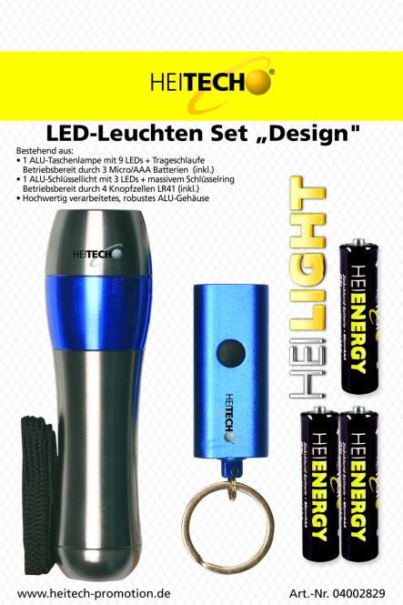 HEITECH ALU LED-Leuchten Set "Design" Taschenlampe + Schlssellicht + Batterien silber/blau 